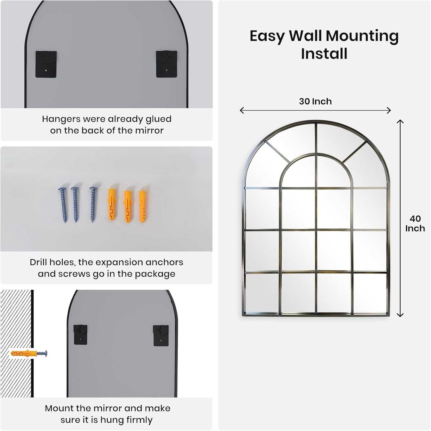 Arched Windowpane Wall Mirror 30"x40" Bronze Wall Mounted Art Pane Mirror Farmhouse Decorative Mirror Leaning Hanging Wall Mirror for Bedroom Living Room Entrance Hallway Wall Decor