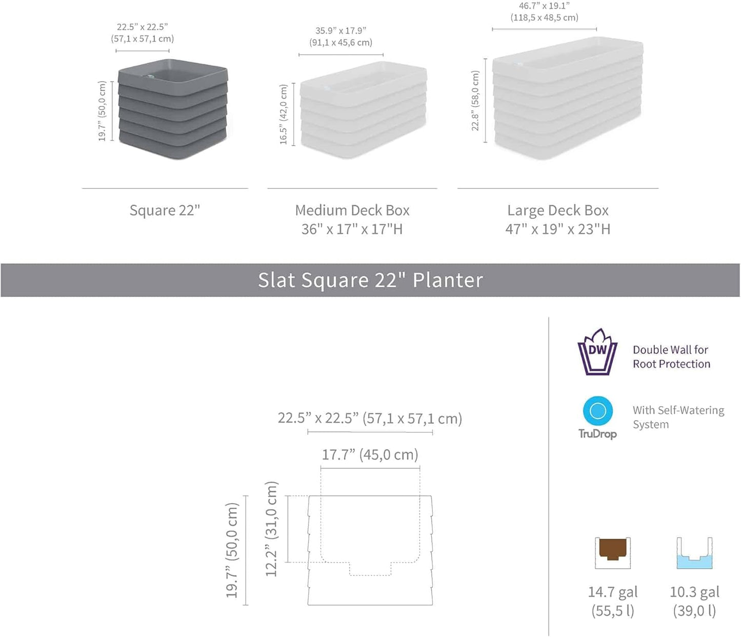 Crescent Garden TruDrop Self Watering Slat Square Box Planter - Indoor Outdoor Planter Box with Built-in Reservoir & Water Level Indicator, All Weather Flower Pot, 22'' (Caviar Black)