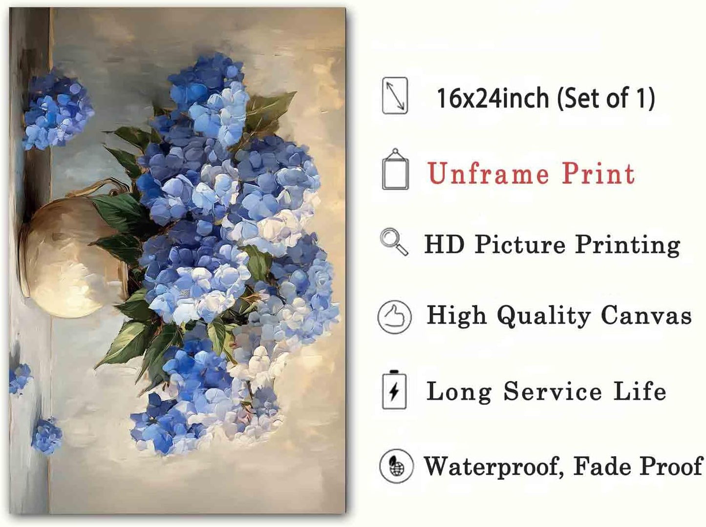 White And Blue Hydrangea Wall Art Hydrangea Flower Pictures Abstract Floral Paintings Elegant Floral Picture Rustic Farmhouse Wall Art Vintage Flowers Painting Living Room Decor 16x24inch No Frame