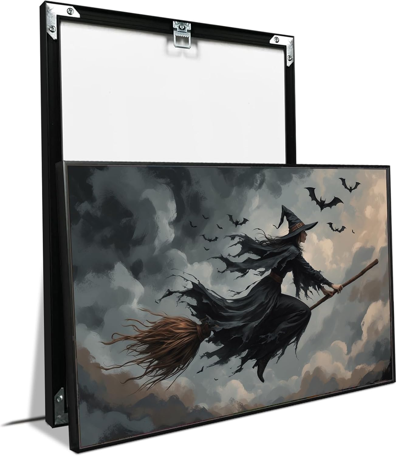 JFHCQJPK Witch and bat flying Halloween poster suitable for home party wall decoration retro Halloween preppy style wall art canvas print suitable for room decoration24x36in Metal blackFramed