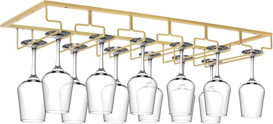 Xverycan Wine Glass Rack Under Cabinet, 6 Row Extreme Large Stemware Hanger, Metal Wine Goblet Holder, DIY Bar Glass Storage Rack for Bar Counter, Kitchen, Screws Included (Gold)