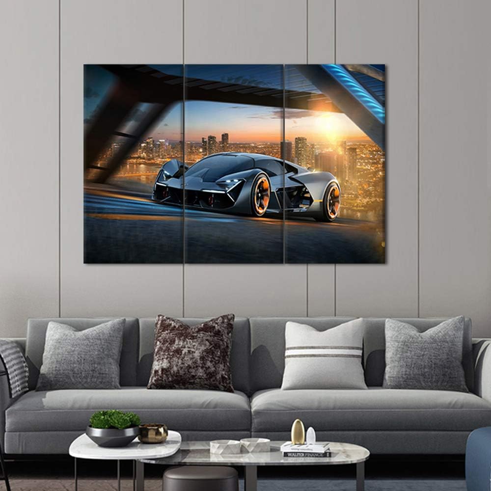 Bedroom Pictures Wall Decor Gloomy Landscape Painting Sports Car Artwork Giclee Multi Panel Print on Canvas Wall Art Modern House Decor Framed Gallery-Wrapped Ready to Hang - 12 x 24 inch x 3 Pieces