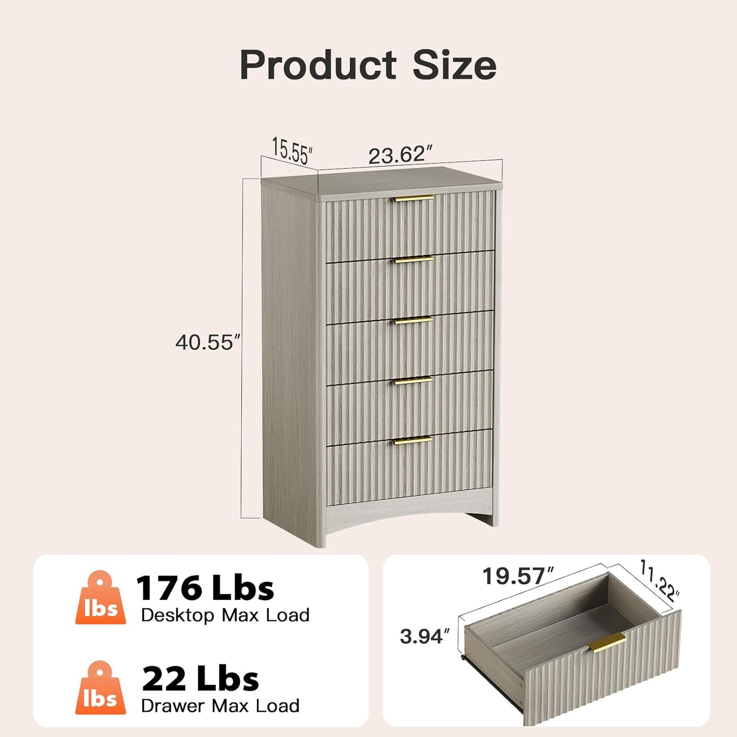 Pipishell Dresser for Bedroom, Fluted 5 Drawers Dresser, 40" Tall Modern Chest of Drawer with Round Edge & Pre-Installed Drawer Slides, Natural Wood Drawer Organizer for Bedroom, Hallway, Gray