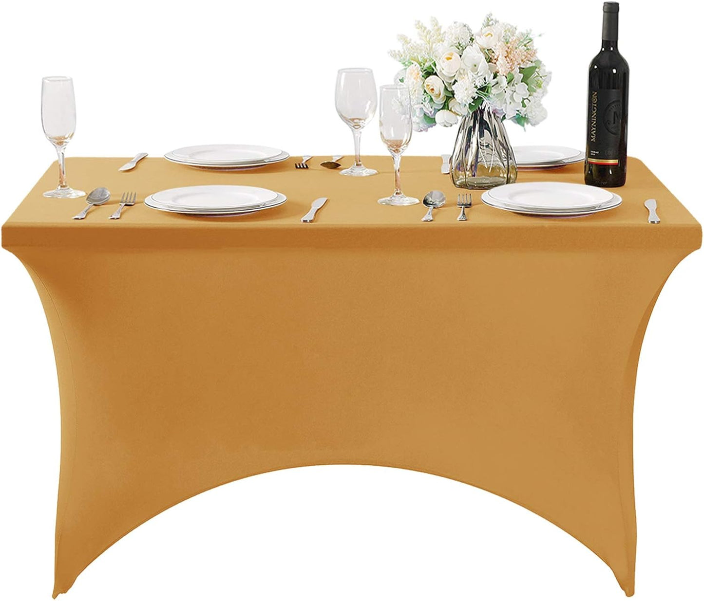 SuperO Waterproof Spandex Table Cover for 4FT Table Universal Fitted Stretch Tablecloth for Party, Banquet, Wedding and Events-Gold