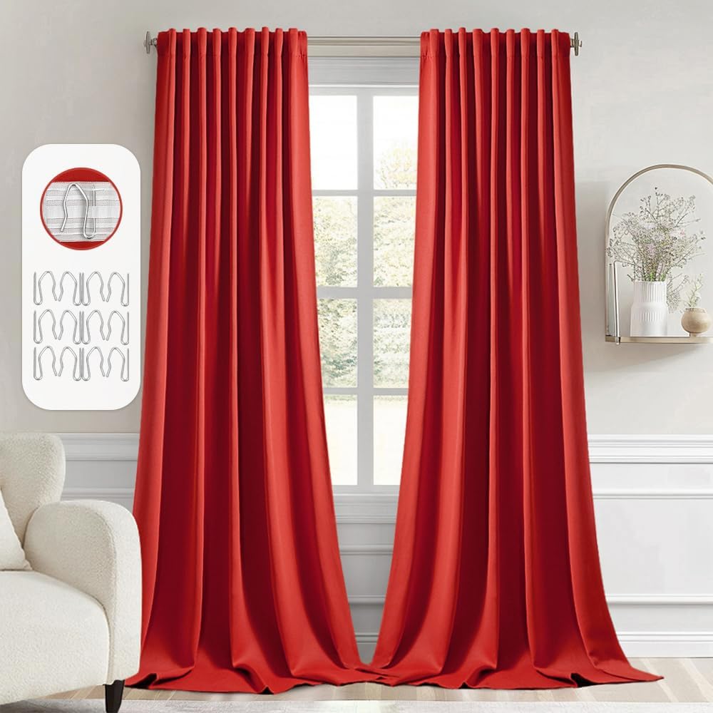 MIULEE Red Back Tab Blackout Curtains 102 Inch Long 2 Panels Set for Living Room Bedroom, Rod Pocket/Pinch Pleated Thermal Insulated Room Darkening Light Blocking Floor to Ceiling Drapes