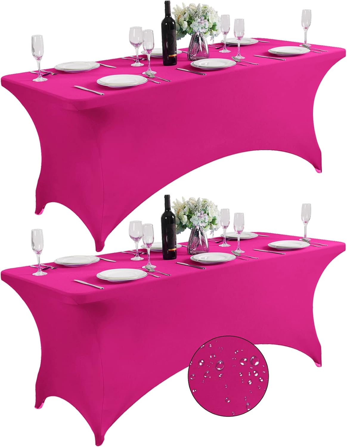 SuperO 2Pack Waterproof Spandex Table Cover for 6FT Table Universal Fitted Stretch Tablecloth for Party, Banquet, Wedding and Events-Fuchsia