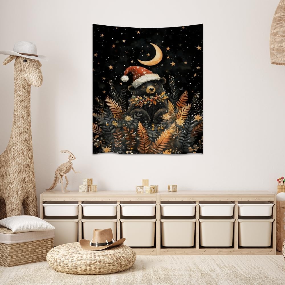 Whimsical Christmas Tapestry Moon Stars Dark Aesthetic Wall Hanging Decor Cute Bear Tapestries for Kids Room Decoration Funny Christmas wall art for Bedroom Dorm Living Room 30x40inch
