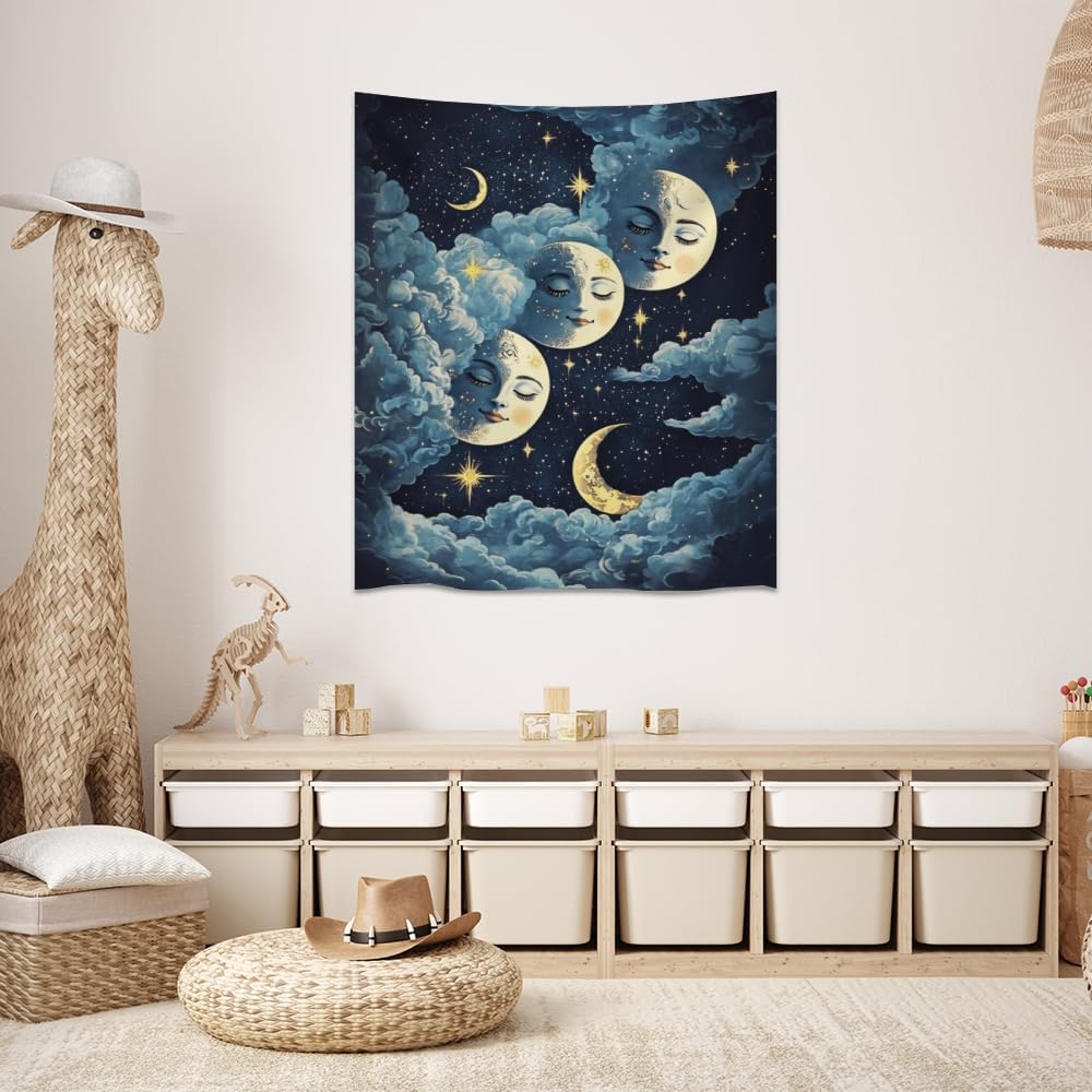 Blue Moon Faces Tapestry Celestial Wall Art Dark Academia Aesthetic Print Stars Clouds Tapestries Wall Hanging whimsical Gothic Home Decor for Bedroom Living Room 30x40inch