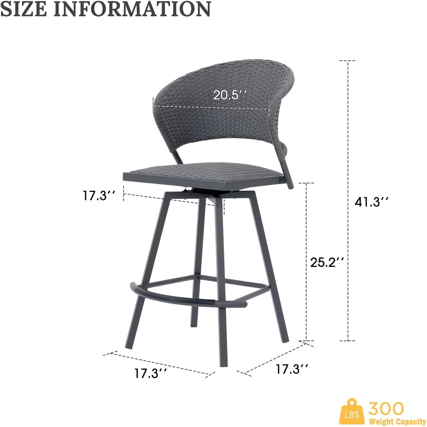 VICLLAX Patio Bar Stool Chairs with Footrests and Padded Seat, Bar Height Swivel Patio Chairs Set of 6, Woven Wicker Swivel Bar Stools for Lawn Garden, Grey