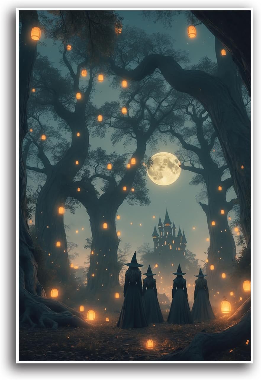JFHCQJPK Mysterious creek painting witch and castle in magic forest art print canvas gothic print dark college decoration poster for home bedroom16x24in Frameless