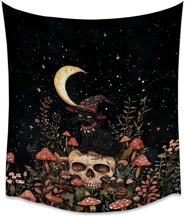 Halloween Witch Cat Tapestry Gothic Skull and Mushroom Artwork Print Spooky Halloween Witchy Wall Hanging Decor Black Cat Crescent Moon art Tapestries for Living Room Bedroom Decoration 30x40inch