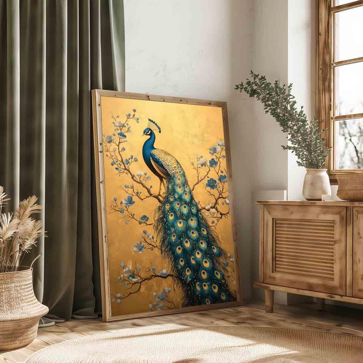 Elegance Peacock Wall Art Blue Peacock Painting Abstract Bird Wall Art Vintage Bird Poster Vintage Animal Picture Blue Animal Print Flower Modern Abstract Living Room Decor 16x24inch No Frame