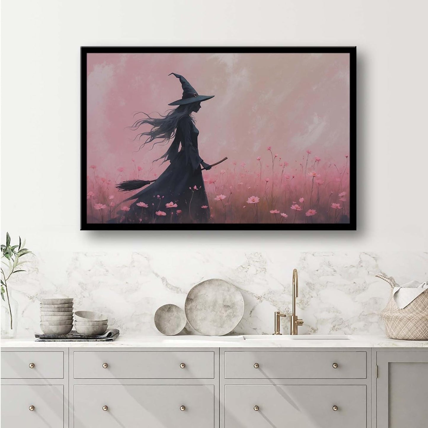 JFHCQJPK Witch in the pink sea of flowers Halloween prints weird flowers wall art silhouette painting fashionable romantic decoration suitable for bedroom12x16in Metal blackFramed