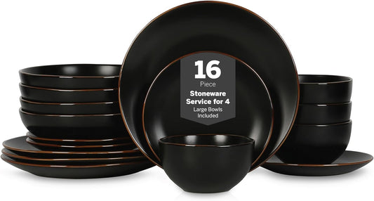 Stone Lain Brasa Modern Stoneware 16 Piece Dinnerware Sets, Plates and bowls Sets, Dish Set for 4, Black
