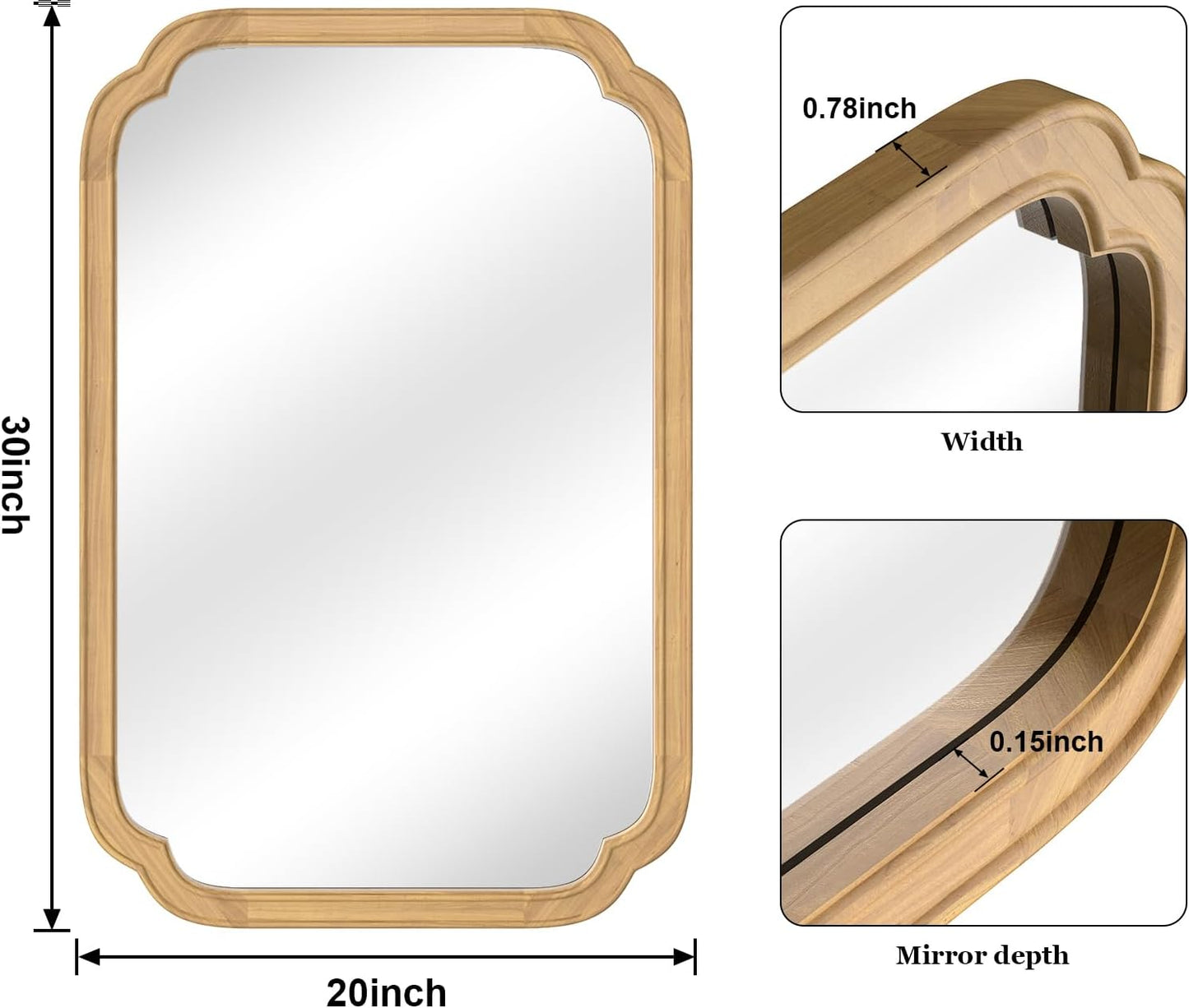 WallBeyond 20" x 30" Wood Mirror Rounded Corner Arch Wall Mirror with Wood Frame for Entryway, Living Room or Bedroom Home Decor [20" x 30" Natural Color]