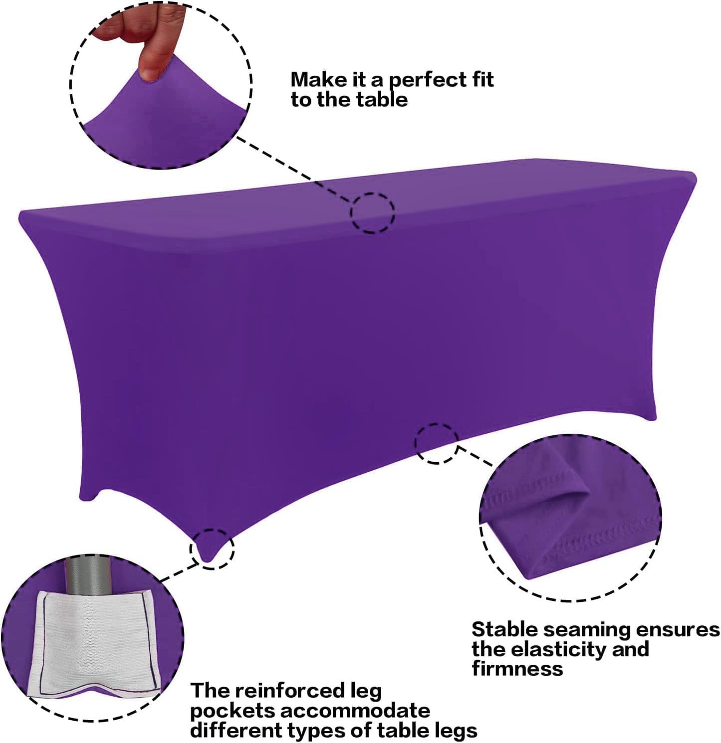 IVAPUPU 6FT Table Cloth for Rectangular Fitted Events Stretch Purple Washable Table Cover Spandex Tablecloth Protector for Party, Wedding, Cocktail, Banquet, Festival