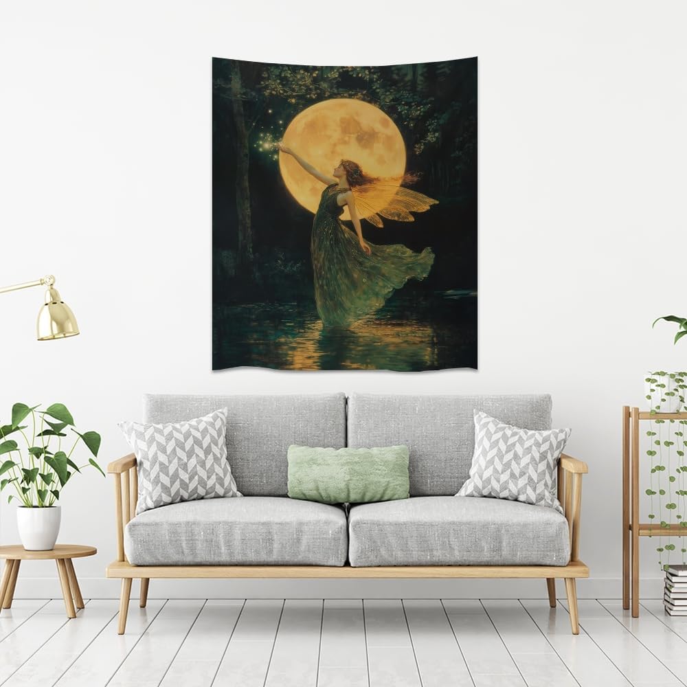 Whimsical Fairy Tapestry Fantasy Moonlight Fae Goddess Print Moody Gothic Aesthetic Wall Hanging Magical Forest Pictures Dark Cottage Witchy Tapestries for Girls Room Bedroom 60x80inch
