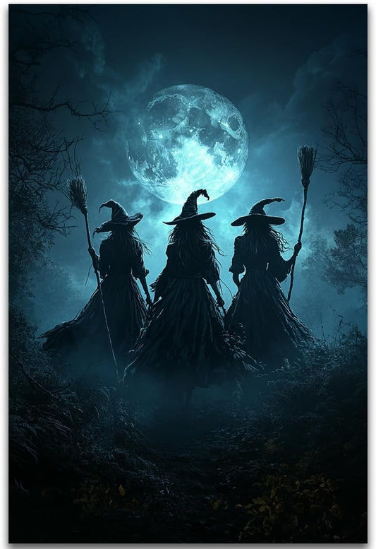 Moonlight Witches Halloween Canvas Art Picture,Three Witches on Broom in Forest Painting Print Gothic Decor,Halloween Witch Poster Witchy Room Aesthetic Bedroom Home Decorations,20"x30" Unframed