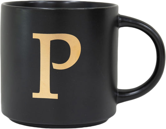 COLLECTIVE HOME - Monogram Ceramic Mugs, 15 oz Golden Initial Black Coffee Cups, Elegant Alphabet Tea Mugs, Elegant Personalized Mug with Gift Box, Unique Mug with Double Side Capital Lette (P)