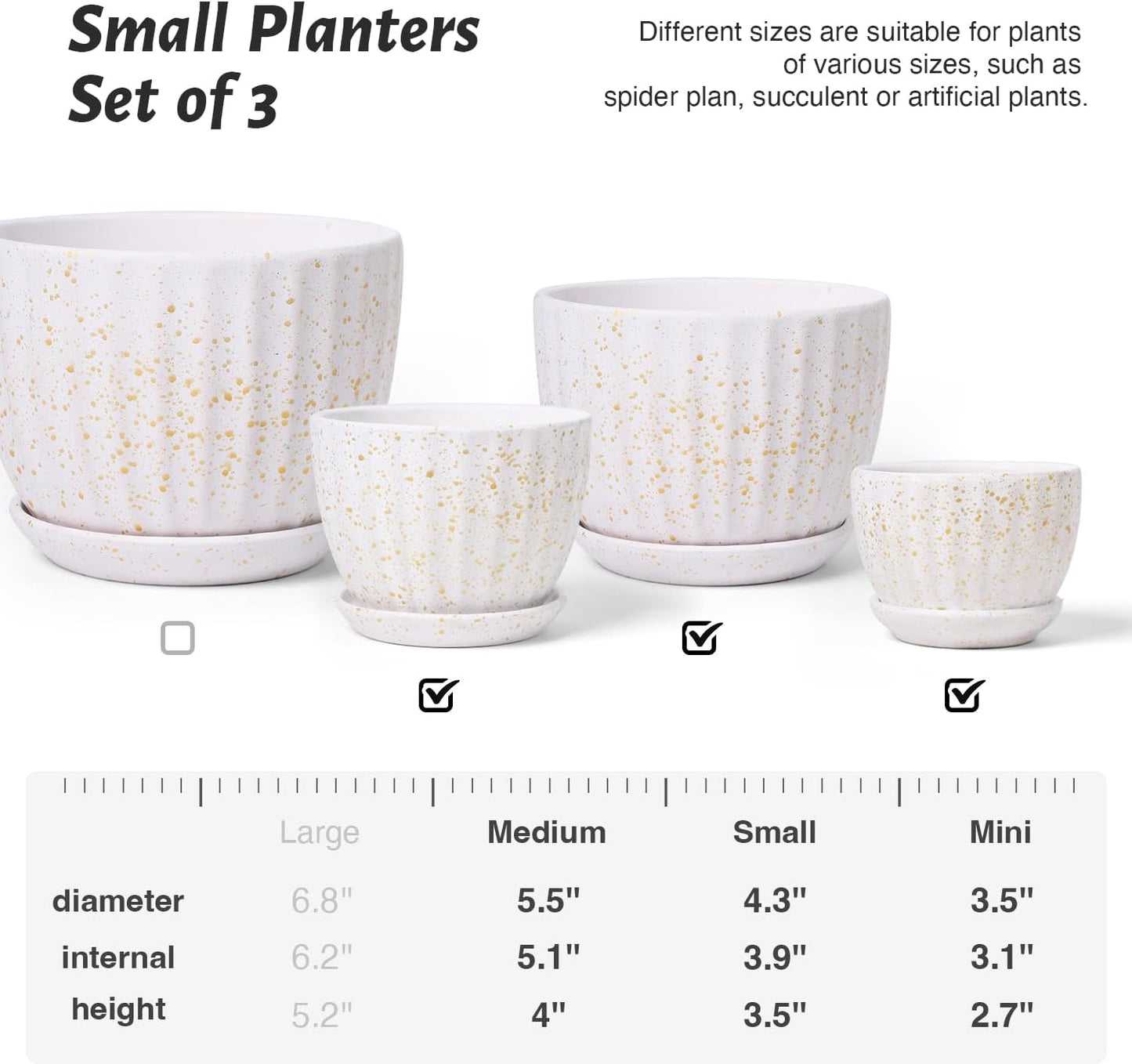 Ceramic Plant Pots with Drainage Holes and Saucers, Round Flower Pots for Indoor Plant, Diameter 3.3/4.3/5.5 Inches Small Flower Planters Set of 3