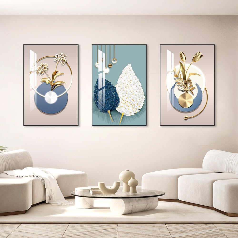 MPLONG Abstract Modern Minimalist Natural Framed Decorative Painting Bright style Wall Art Set of 3Wall Decor for Living Room, Bedroom, Dining Room, Office, etc. (Blue, 24 "X 32" X 3 pieces)