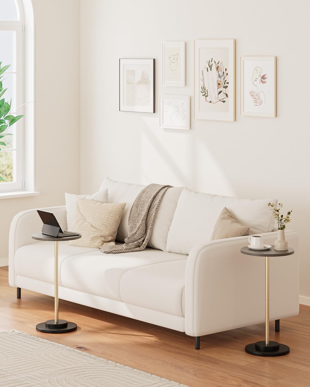 Masupu Drink Table, Round Side Table for Small Spaces, Pedestal Side Table, Small End Table with Metal Base, for Living Room, Bedroom, Bathroom, Grey