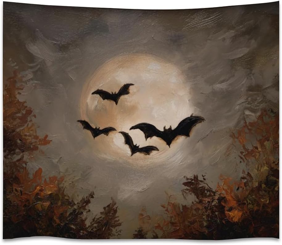 Spooky Halloween Bats Dark Academia Full Moon Autumn Leaves Wall Hanging Vintage Haunted Home Artwork Gothic Witchy Ghost Tapestries for bedroom Living Room Decor 70x90inch