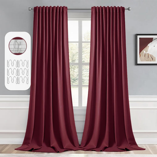 MIULEE Wine Red Back Tab Blackout Curtains 108 Inch Long 2 Panels Set for Bedroom, Rod Pocket/Pinch Pleat Extra Long Thermal Insulated Living Room Darkening Pleated Light Blocking Drapes