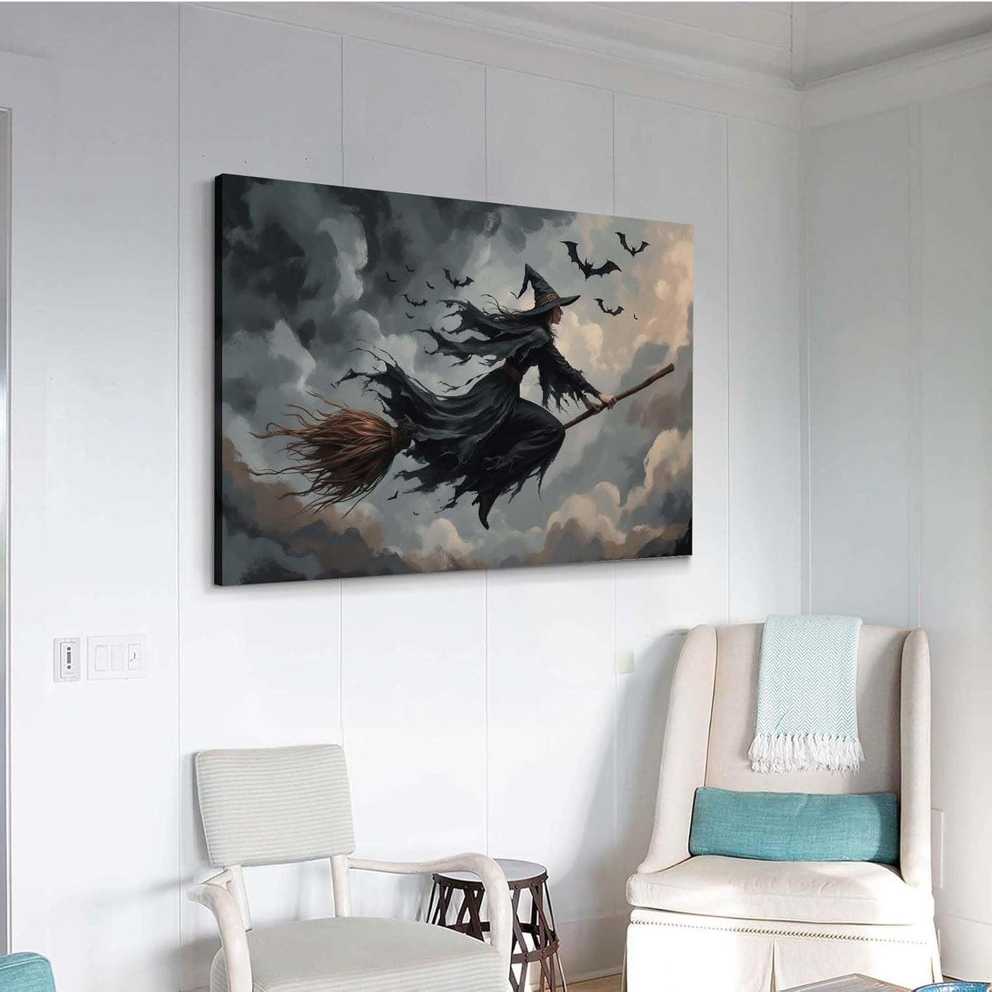 JFHCQJPK Witch and bat flying Halloween poster suitable for home party wall decoration retro Halloween preppy style wall art canvas print suitable for room decoration28x40in Frameless