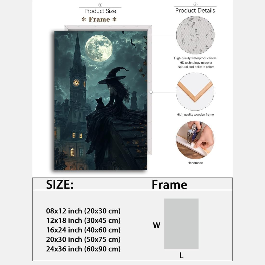 Halloween Witch Black Cat Wall Art,Magical Moon Witch on Roof with Black Cat at Night Scene Painting Haunting Dark Witches Canvas Print for Haunted House Party Decor Poster,16"x24" Framed