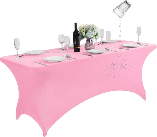 SuperO Waterproof Spandex Table Cover for 6FT Table Universal Fitted Stretch Tablecloth for Party, Banquet, Wedding and Events-Pink