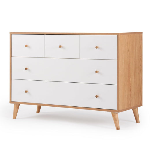 dadada Austin 5-Drawer Dresser for Nursery and Bedroom - Modern Design, Large Storage, Baby-Safe Finish, Anti-Tip Safety, Solid Wood Feet, Durable Construction (White+Red Oak)