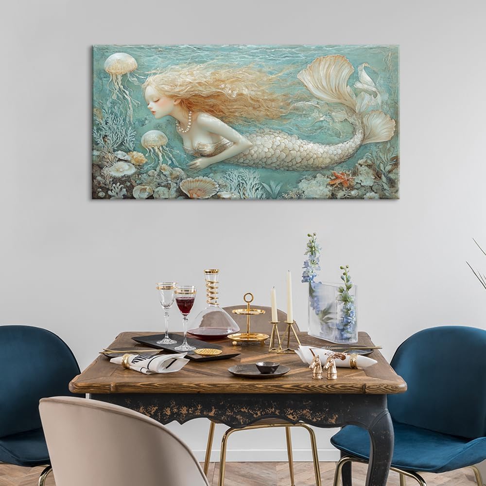 LASMOND Ocean Mermaid Wall Art for Girls Room Modern Canvas Prints Marine Organism Underwater World Sea Creatures Artwork Paintings Women Bedroom Wall Decor (40x20 Inches)