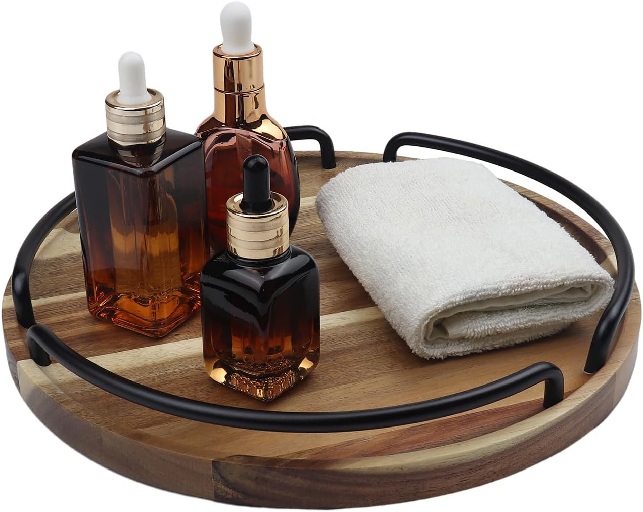 Round Wooden Serving Tray - Rustic Style Decorative Tray for Coffee Table, Living Room, Vanity - Acacia Wood Tray with Handles - Housewarming Gift - 12 Inches (Diameter)