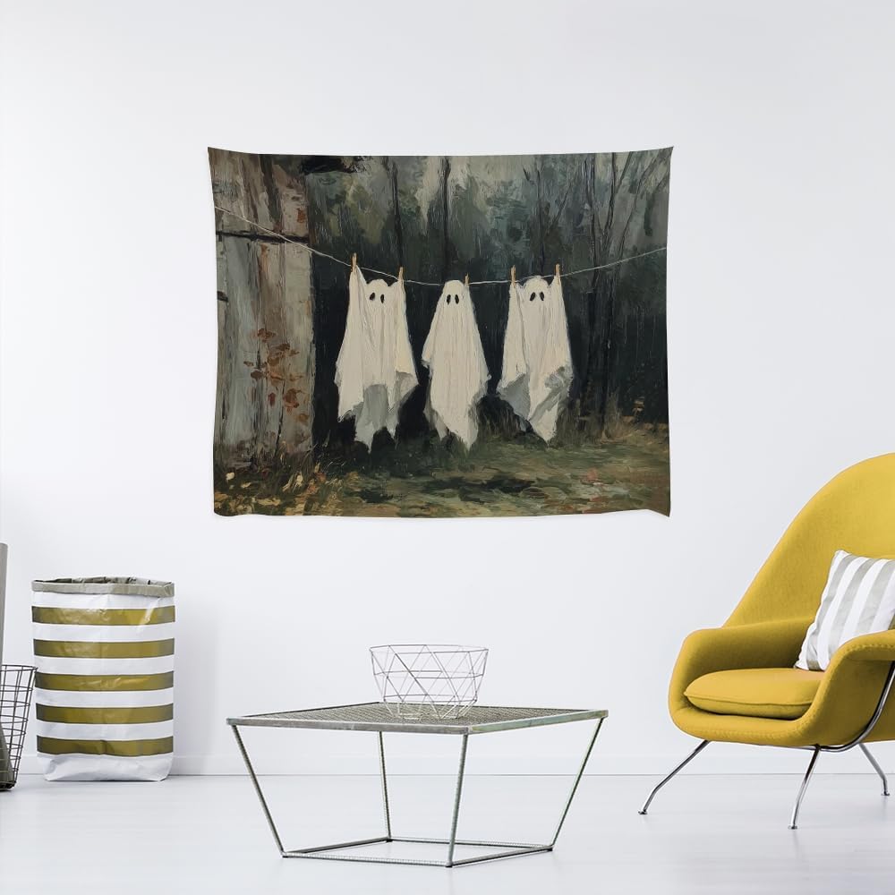 Vintage Halloween Tapestry Funny Ghosts on Clothesline Tapestry Wall Hanging Farmhouse Gothic Room Decor Spooky Ghost Prints for Dark Academia Halloween Party House Decoration Tapestries 50x60inch