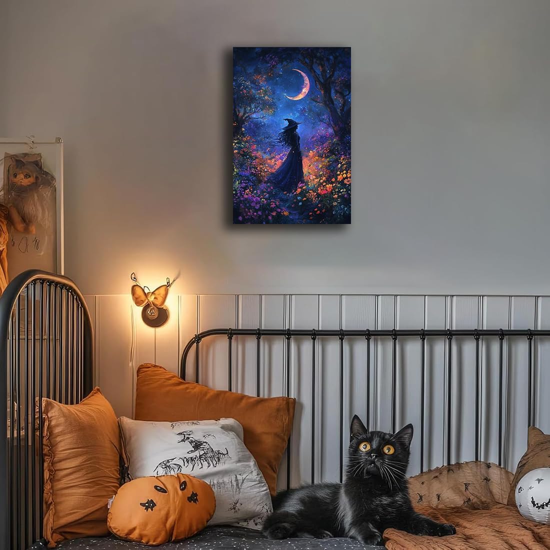 Vintage Halloween Witch Decor Mystic Gothic Wall Art Poster,Enchanting Witch Fall Whimsical Wildflowers Woodland Forest Crescent Moon Picture Art,Creepy Witchy Home Decor,20"x30" Framed