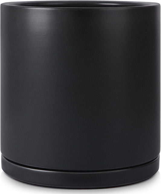 Kazeila 12 Inches Ceramic Planter Pot - Saucer and Drainage Hole - Full Glazed - Matte Black