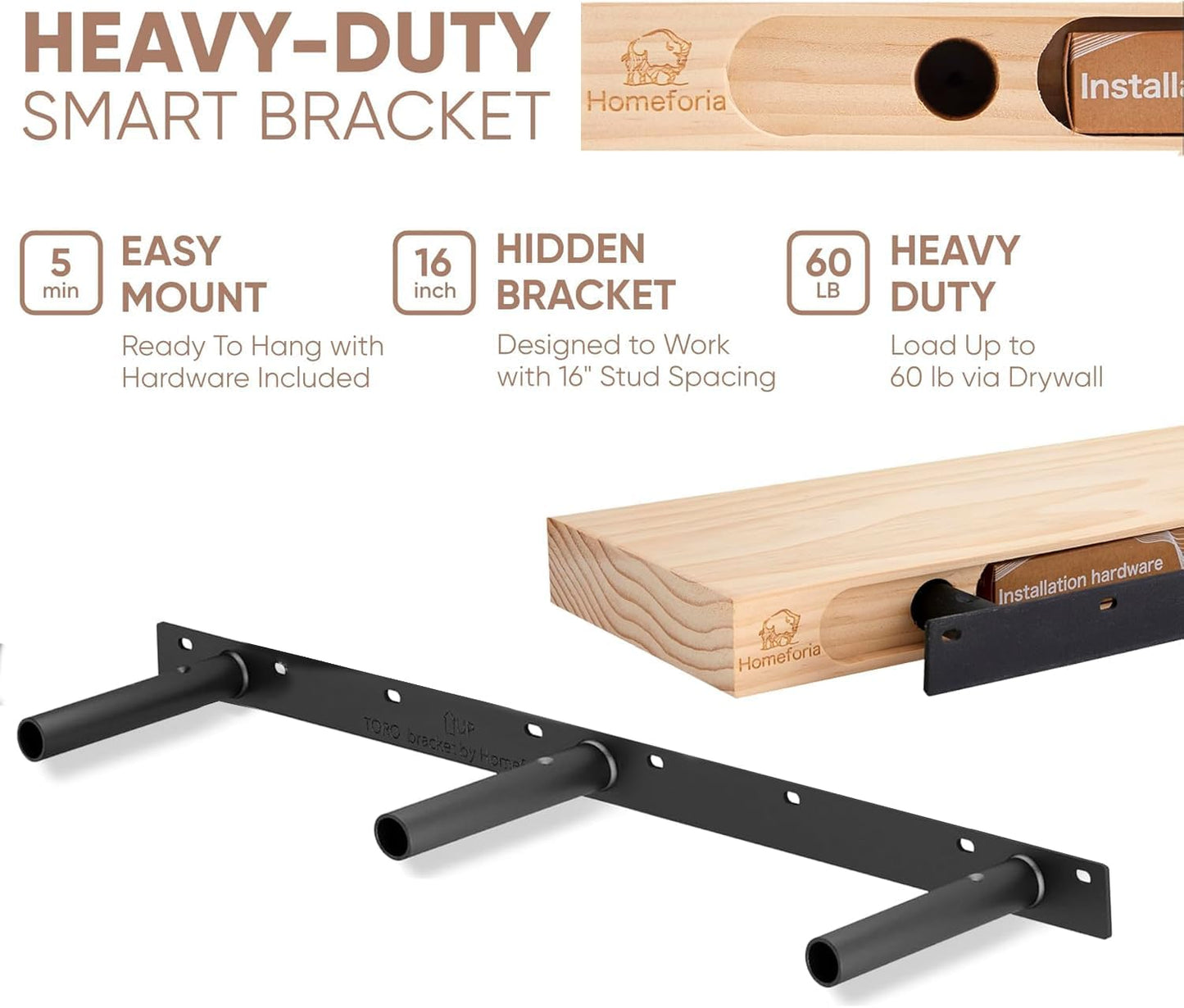 Homeforia Gray Floating Shelf 48 inch, High End Solid Real Wood 48inch Floating Shelves for Wall Mounted, Grey Wooden 48 inches Long Floating Shelves, Heavy Duty Bracket, 48 X 6.5 X 1.75 in, Set of 2