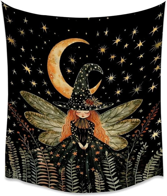 Dark Academia Witch Fairy Tapestry Wall Hanging Magical Moon Starry Night Art Print Halloween Witchy Artwork Aesthetic Wall Tapestries for Girls Bedroom Living Room Dorm Decoration 30x40inch