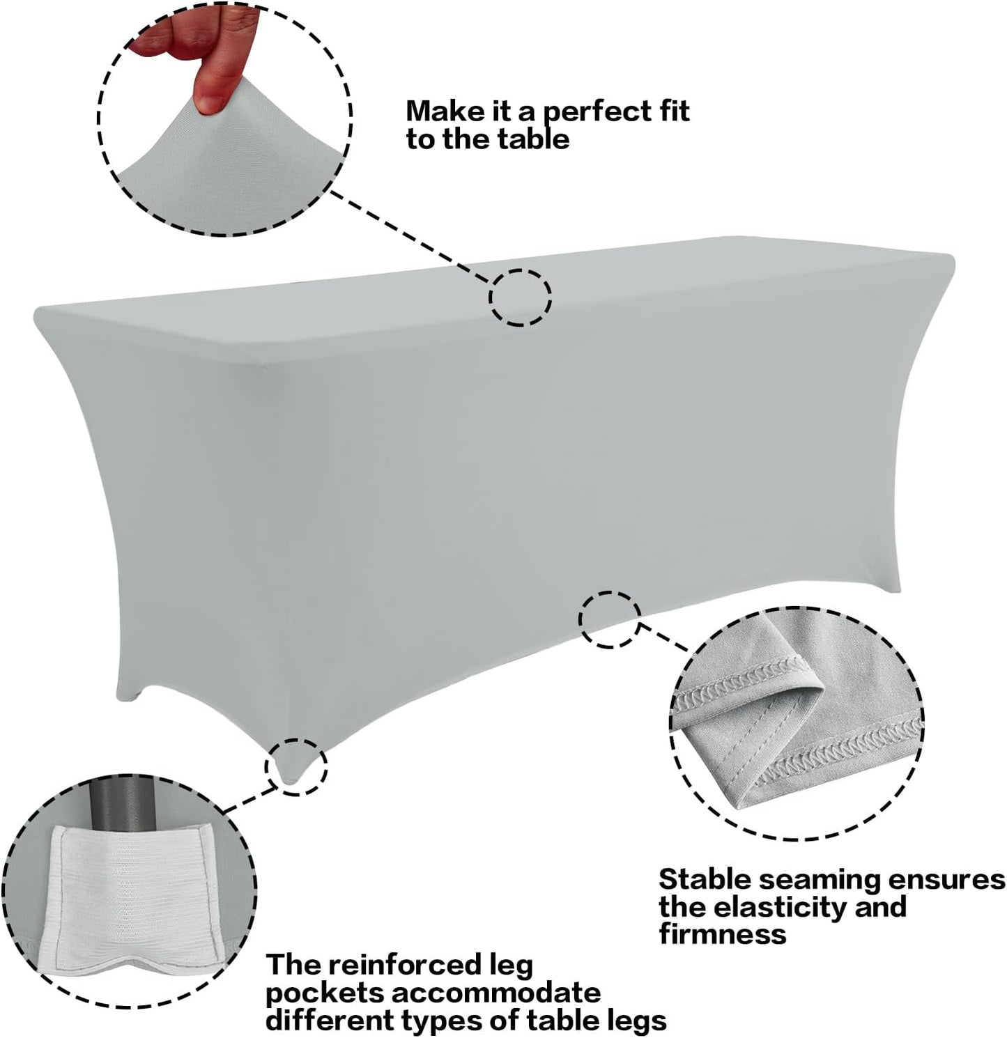 IVAPUPU 2 Pack 8FT Table Cloth for Rectangular Fitted Events Stretch Grey Table Covers Washable Cover Spandex Tablecloth Protector for Party, Wedding, Cocktail, Banquet, Festival