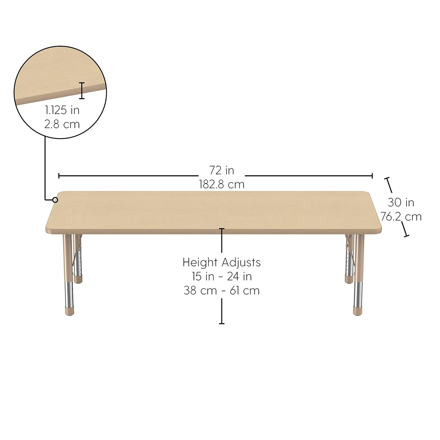 FDP Rectangle Activity School and Classroom Kids Table (30 x 72 inch), Chunky Sand Toddler Leg, Adjustable Height 15-24 inches - Maple Top and Maple Edge