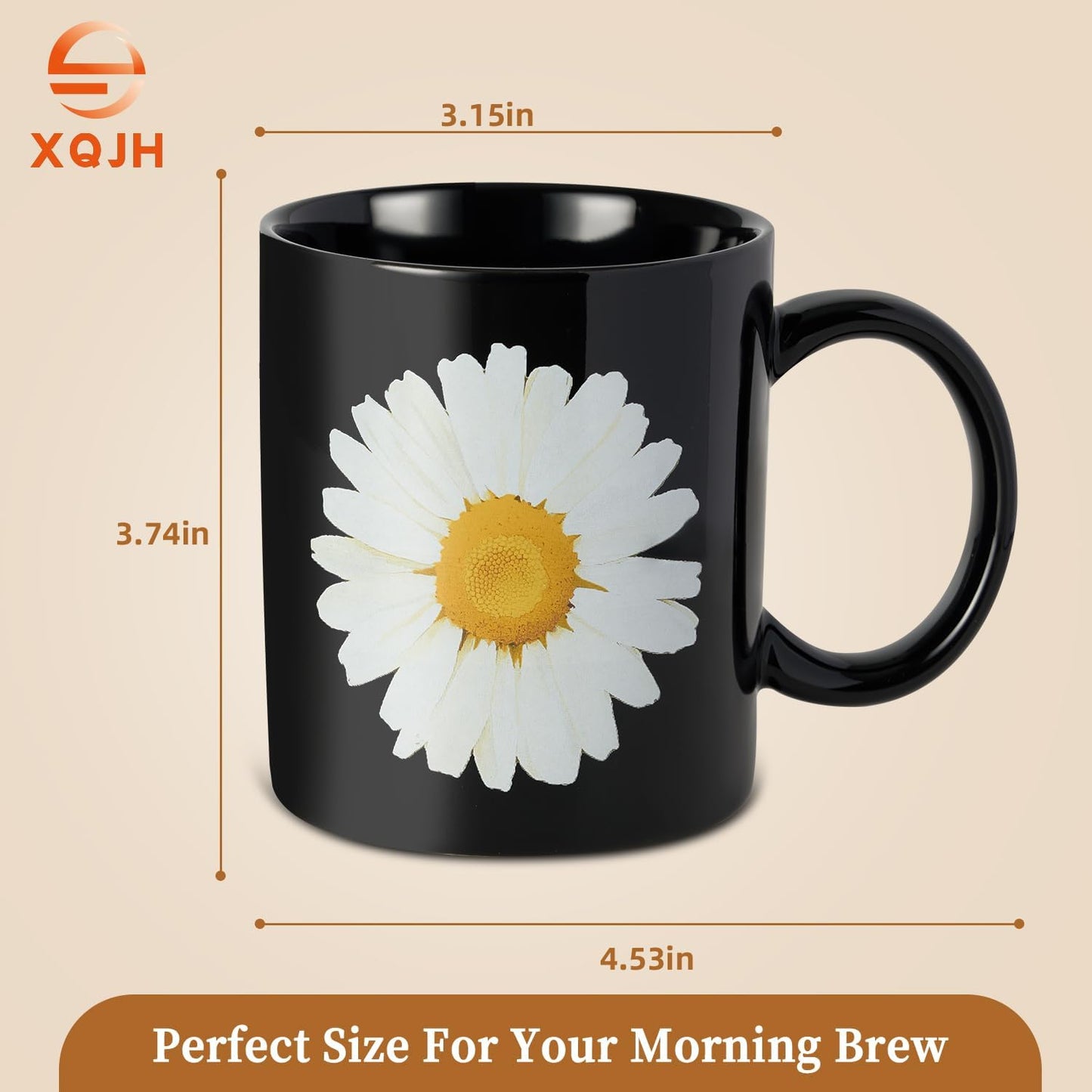 12Oz Daisy Black Ceramic Mug, Mug for Daily Coffee and Tea, Lead-free, Microwave and Dishwasher Safe Coffee Mug, Perfect gifts for women and men