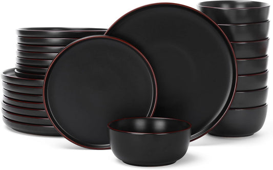 Famiware Mercury 24 Pieces Dinnerware Sets, Plates and Bowls Sets for 8, Microwave and Dishwasher Safe Dish Set, Black