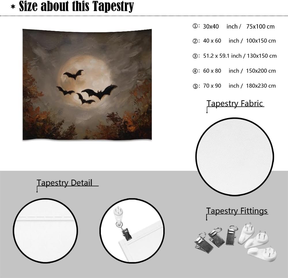 Spooky Halloween Bats Dark Academia Full Moon Autumn Leaves Wall Hanging Vintage Haunted Home Artwork Gothic Witchy Ghost Tapestries for bedroom Living Room Decor 40x60inch