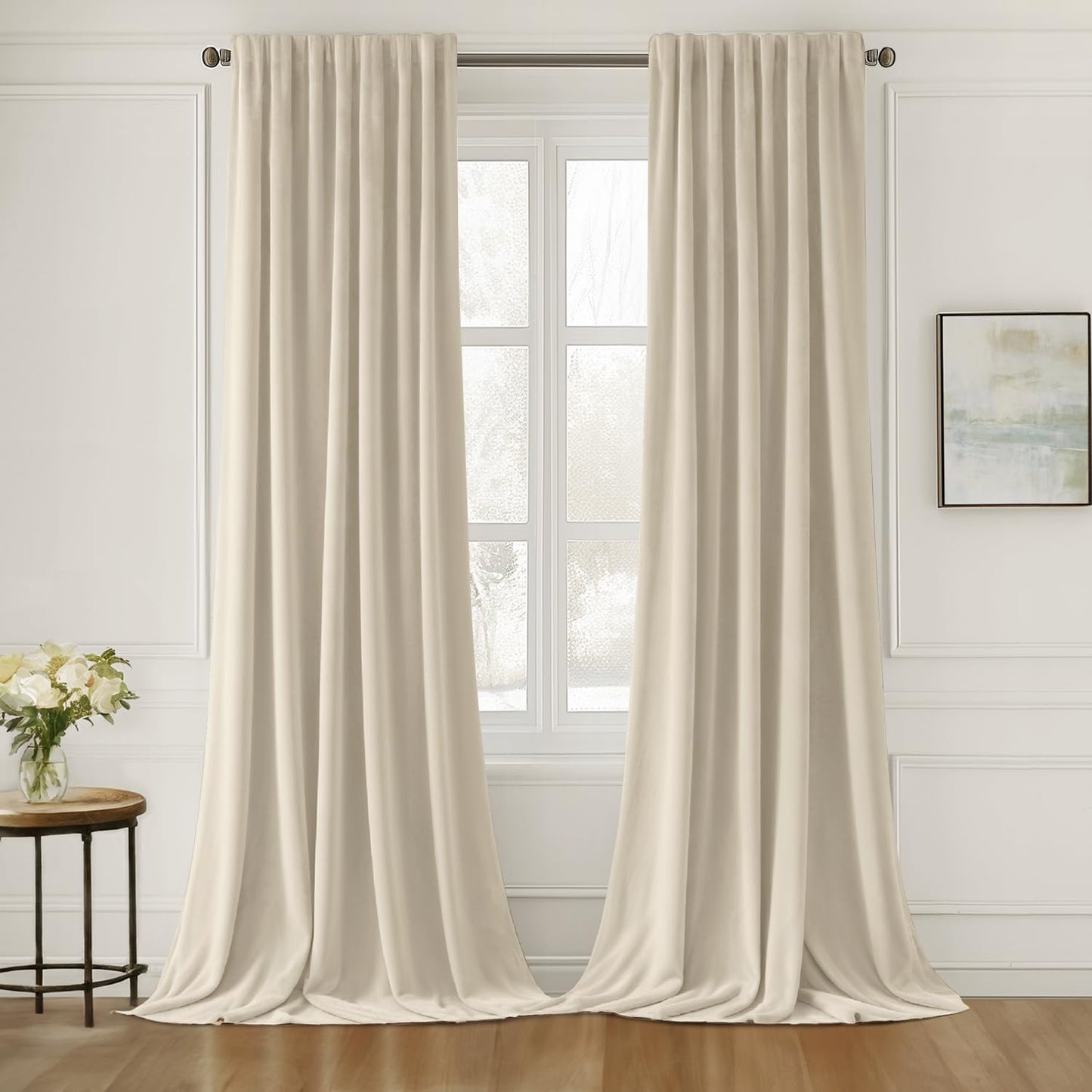 MIULEE Cream Beige Velvet Curtains 84 inches Long 2 Panels - Luxury Pinch Pleated Room Darkening Window Drapes for Bedroom Living Room Thermal Insulated Super Soft, Back Tab Rod Pocket Elegant Decor