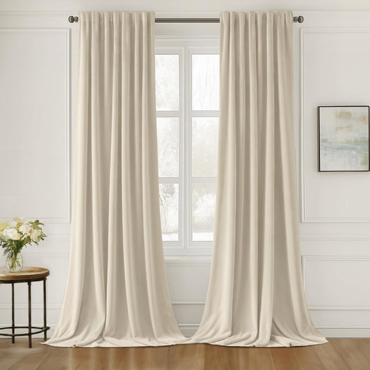 MIULEE Cream Beige Velvet Curtains 84 inches Long 2 Panels - Luxury Pinch Pleated Room Darkening Window Drapes for Bedroom Living Room Thermal Insulated Super Soft, Back Tab Rod Pocket Elegant Decor