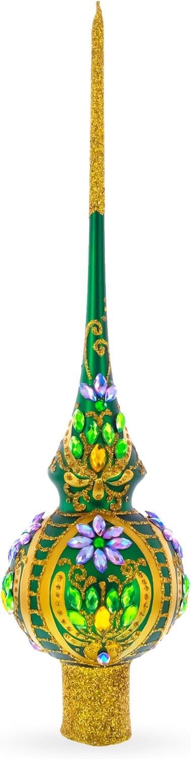 Enchanted Emerald Jeweled Green Blown Glass Christmas Tree Topper 11 Inches