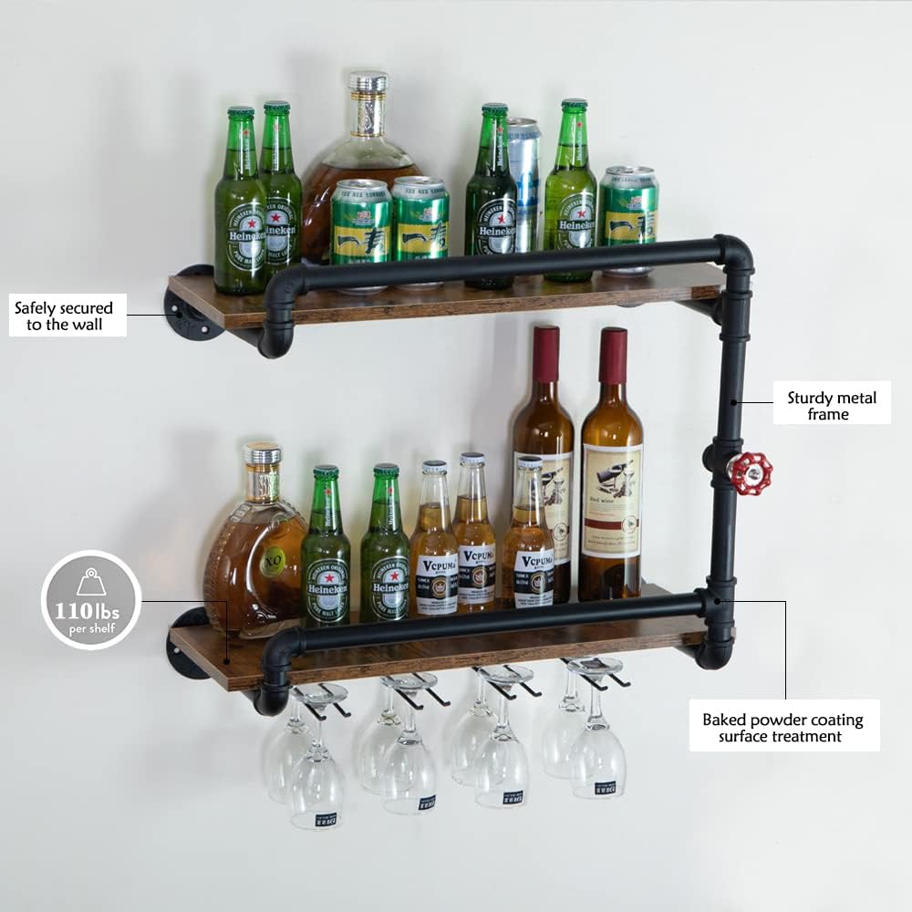 Wine Rack Wall Mounted 2 Tier, Hanging Floating Small Mini Bar Liquor Shelves with Glass Holder Storage Under, Industrial Rustic Pipe Farmhouse Kitchen Decor Black(23.6x10.6x19.7)