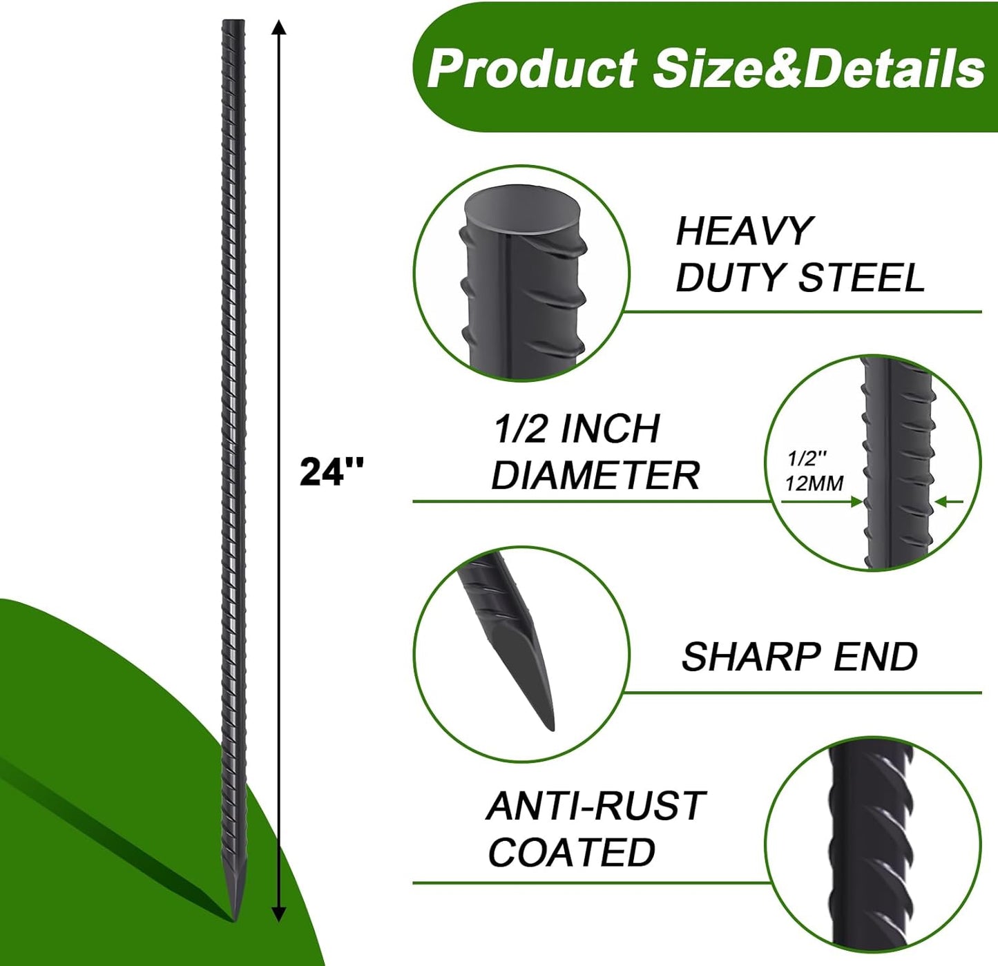 AAGUT Rebar Stakes 24 Inch Straight Garden Plant Stakes (20 pcs) 1/2" Thickness, Heavy Duty Metal Spikes for Concrete Forming, Landscape Timber, Fence, Ground Anchors with Chisel Point End, Black
