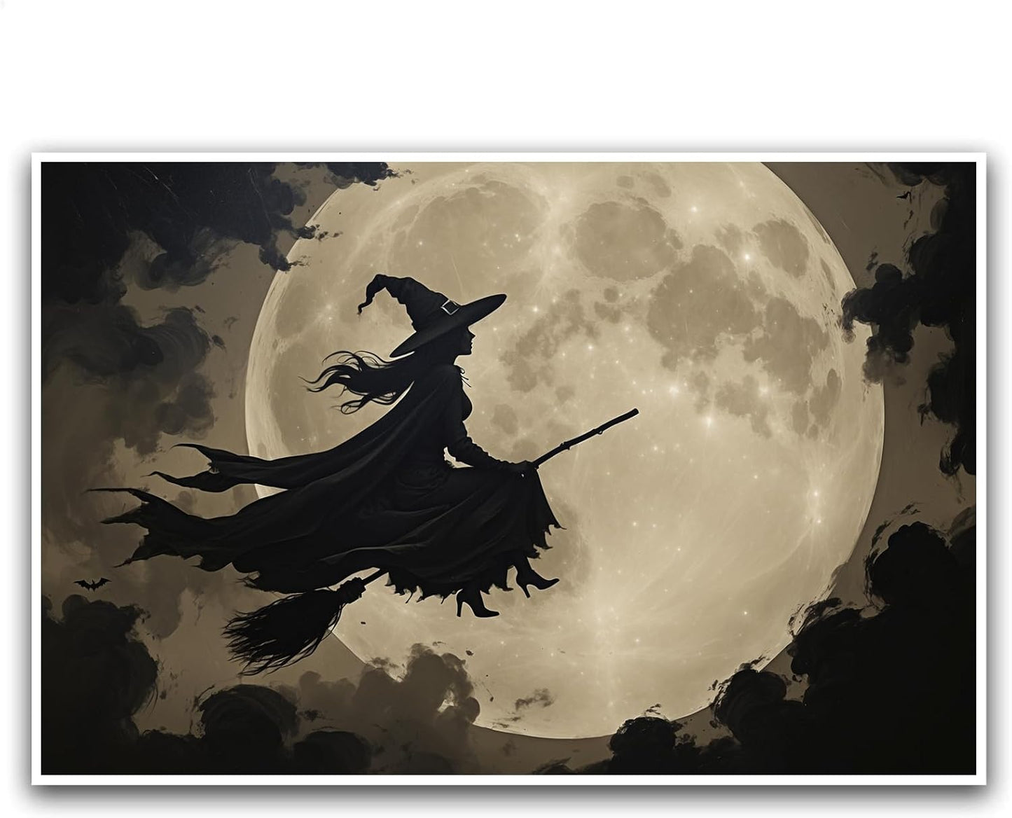 JFHCQJPK Full moon witch silhouette poster witch on magic broom Halloween mural poster decorative mural art suitable for home living room bedroom32x48in Frameless